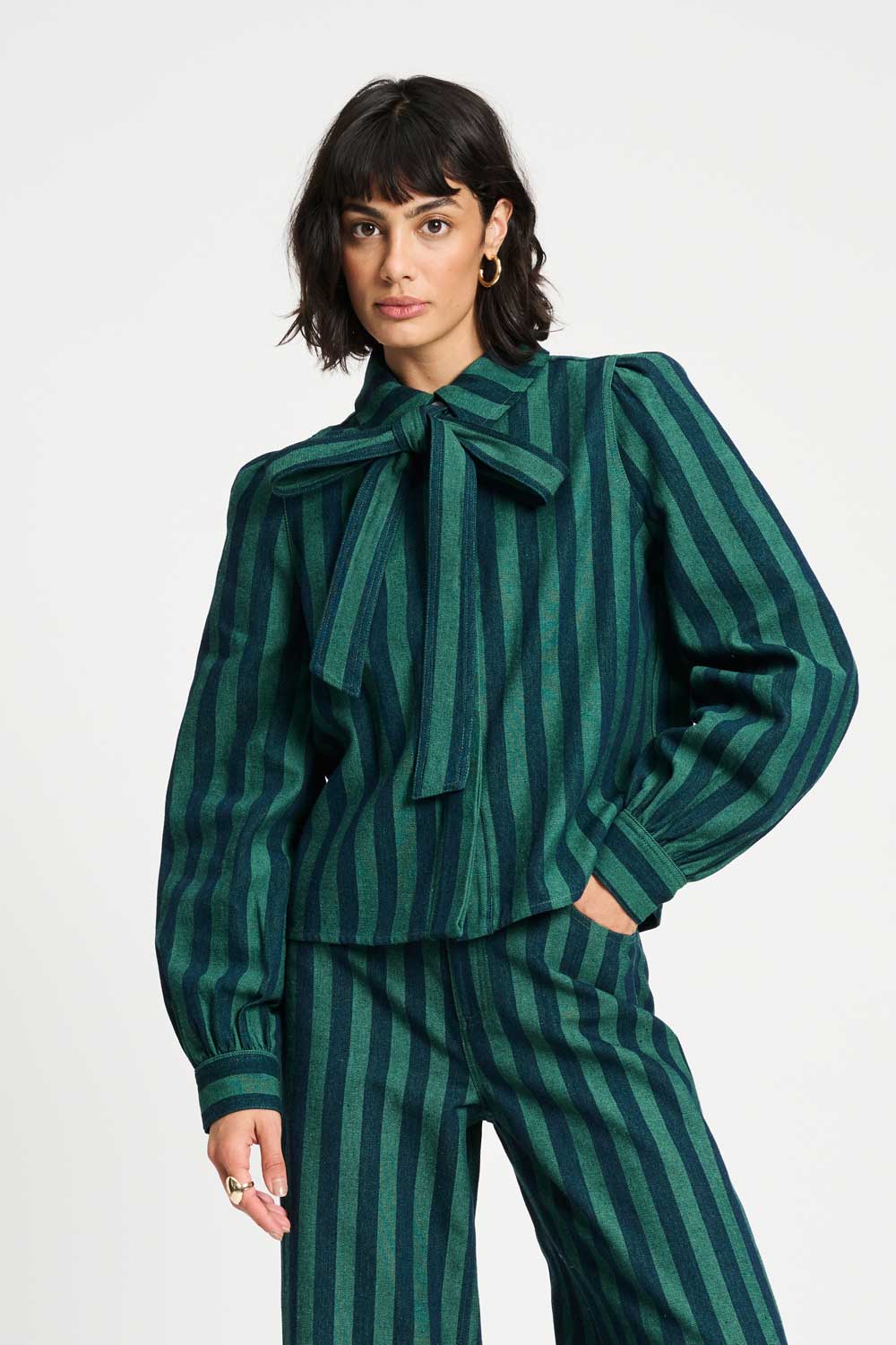 POM Amsterdam Blouses Green / 34 BLOUSE - Denim Striped
