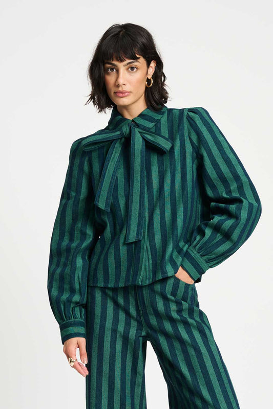 POM Amsterdam Blouses Green / 34 BLOUSE - Denim Striped