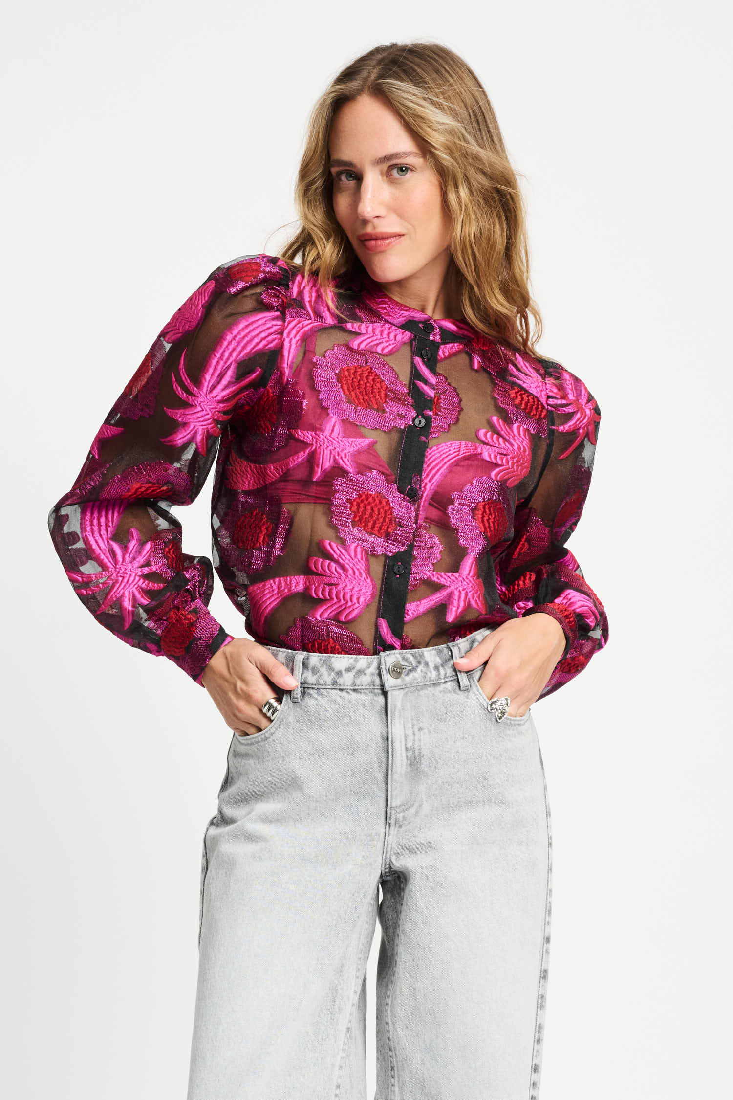 POM Amsterdam Blouses Pink / 34 BLOUSE - Splashing Fireworks Organza