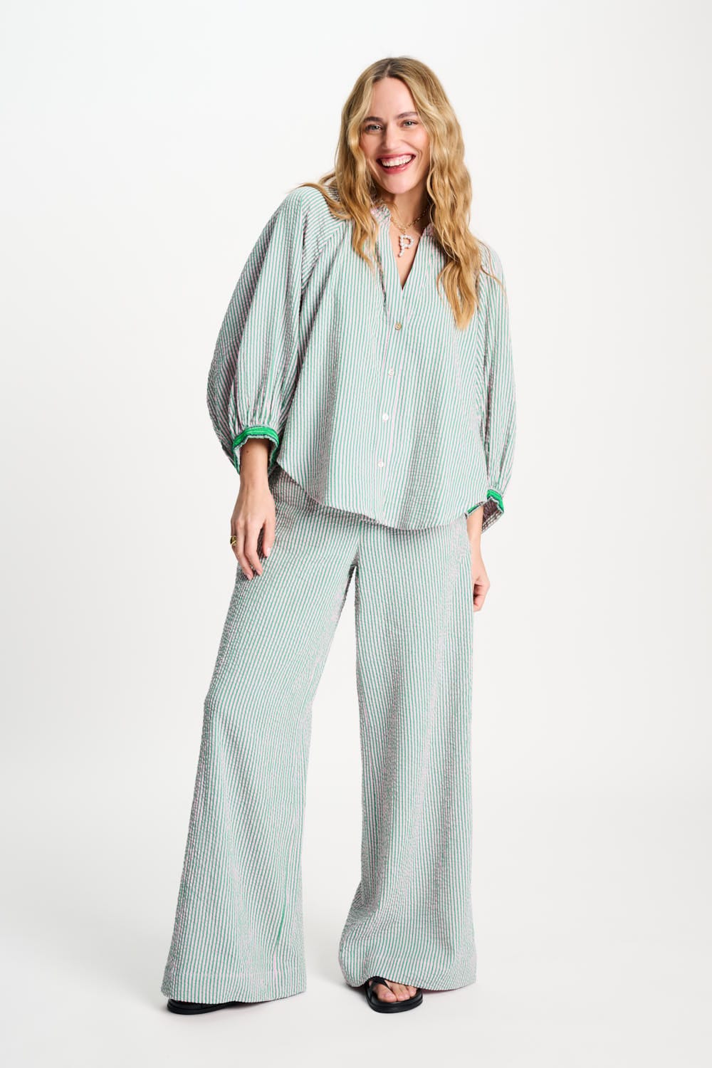 POM Amsterdam Blouses BLOUSE - Seersucker Green Pink