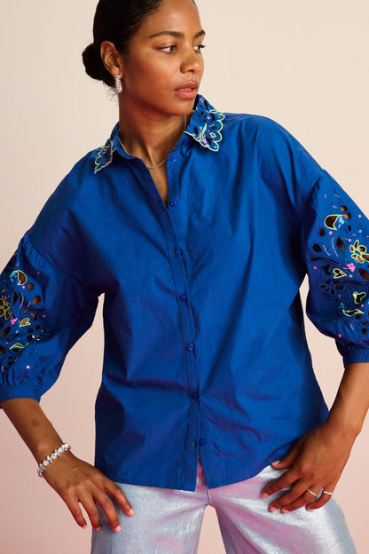 POM Amsterdam Blouses Blue / 34 BLOUSE - Embroidery Ink Blue