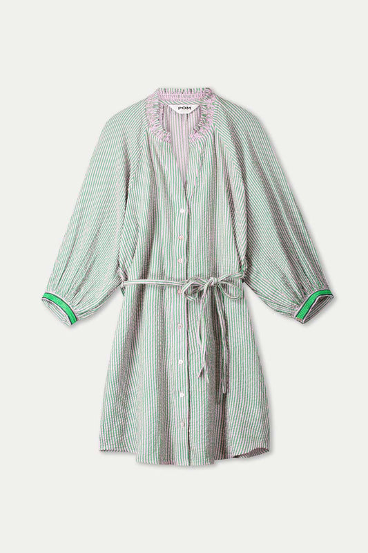 POM Amsterdam Dresses ROBE - Seersucker Green Pink