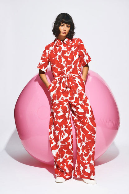 POM Amsterdam Jumpsuits Red / 34 COMBINAISON - Bubble Bloom Red Linen
